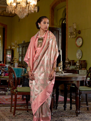 Peach Handwoven Kanjivaram Silk Saree With Blouse Piece