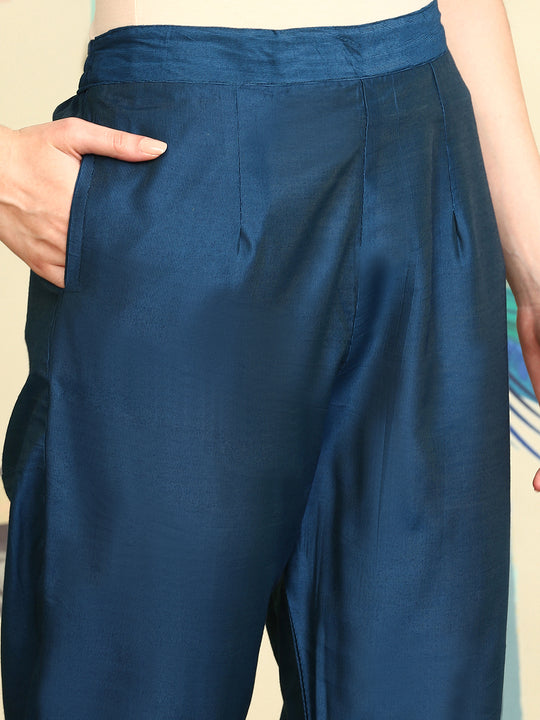 Navy Blue Floral Printed Beads And Stones Straight Kurta With Trousers & Dupatta