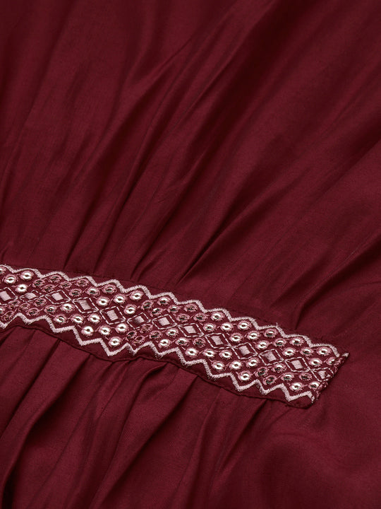 Maroon Kimono Sleeve Asymmetric Kaftan Kurti with Trousers