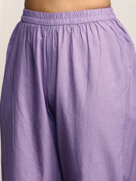 Purple Floral Embroidered Schiffli Pure Cotton Kurta With Trousers & Dupatta