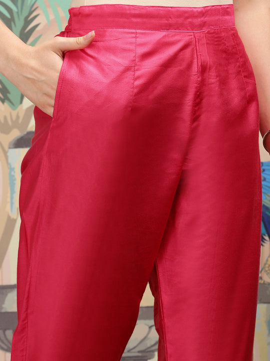 Floral Printed Round Neck Mirror Work Straight Kurta with Trousers & Dupatta