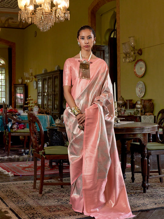 Peach Handwoven Kanjivaram Silk Saree With Blouse Piece