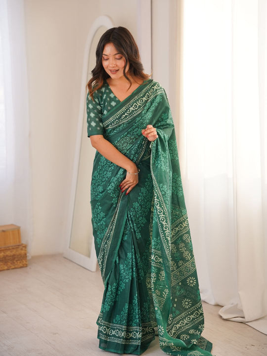 Soft Pure Cotton Hand Bagru Print Sarees With Blouse Pice