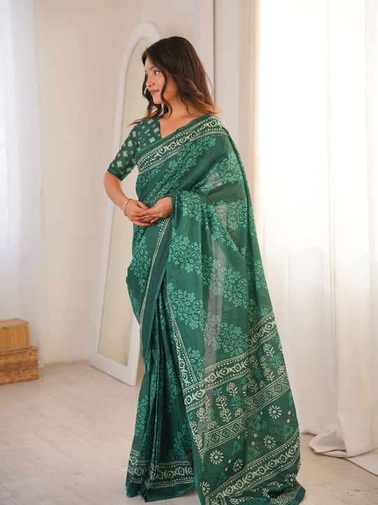 Soft Pure Cotton Hand Bagru Print Sarees With Blouse Pice