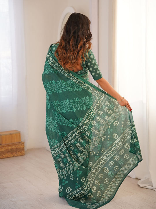 Soft Pure Cotton Hand Bagru Print Sarees With Blouse Pice