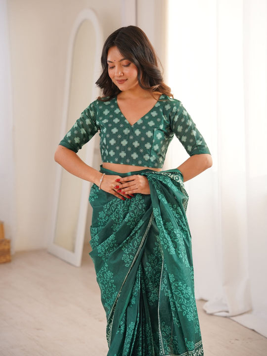Soft Pure Cotton Hand Bagru Print Sarees With Blouse Pice