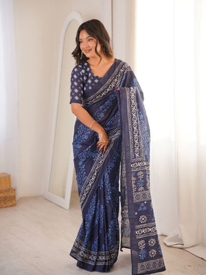 Soft Pure Cotton Hand Bagru Print Sarees With Blouse Pice