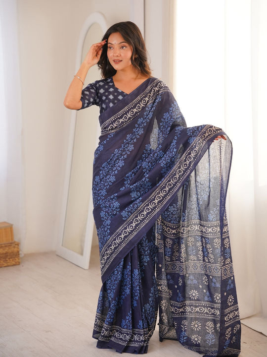 Soft Pure Cotton Hand Bagru Print Sarees With Blouse Pice