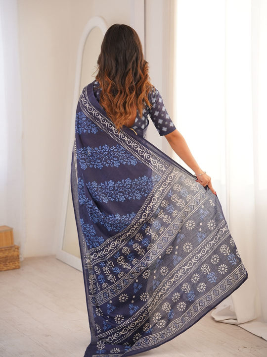 Soft Pure Cotton Hand Bagru Print Sarees With Blouse Pice