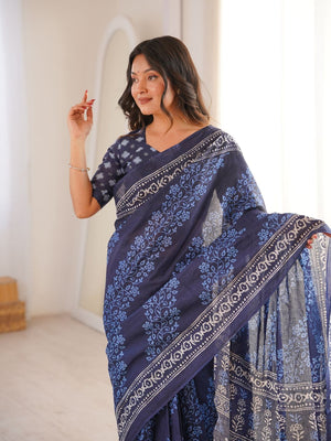 Soft Pure Cotton Hand Bagru Print Sarees With Blouse Pice