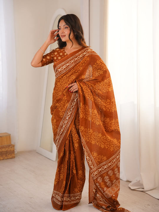 Soft Pure Cotton Hand Bagru Print Sarees With Blouse Pice