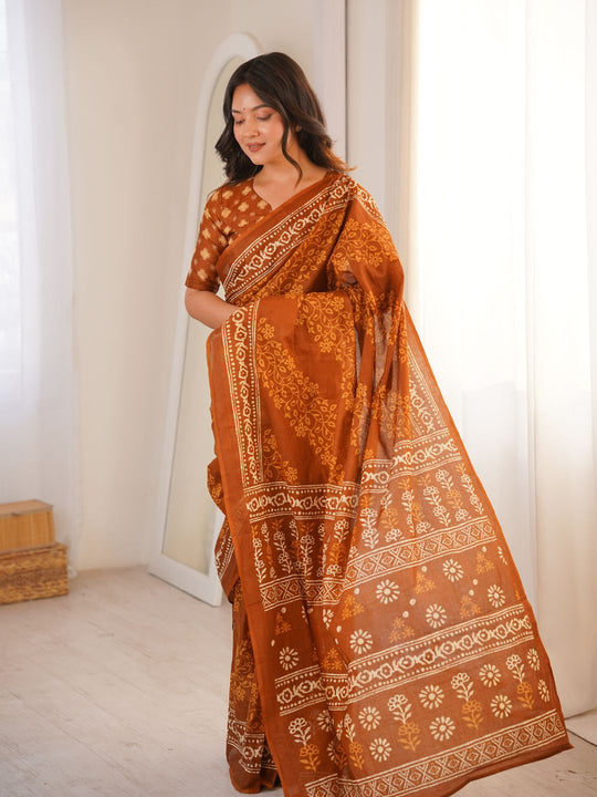 Soft Pure Cotton Hand Bagru Print Sarees With Blouse Pice