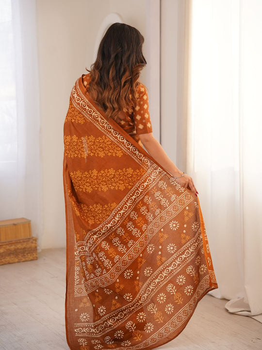 Soft Pure Cotton Hand Bagru Print Sarees With Blouse Pice