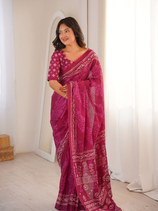 Soft Pure Cotton Hand Bagru Print Sarees With Blouse Pice