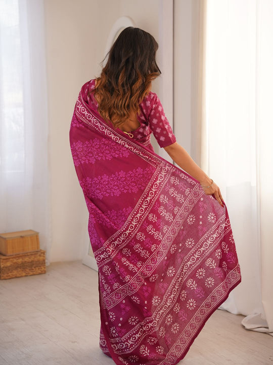 Soft Pure Cotton Hand Bagru Print Sarees With Blouse Pice
