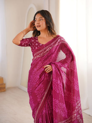 Soft Pure Cotton Hand Bagru Print Sarees With Blouse Pice