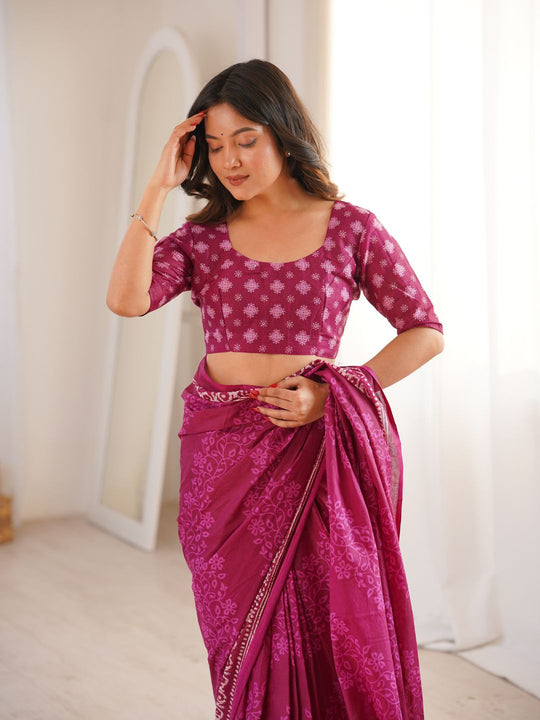 Soft Pure Cotton Hand Bagru Print Sarees With Blouse Pice