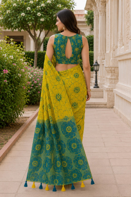 Green Printed Saree With Blouse Piece