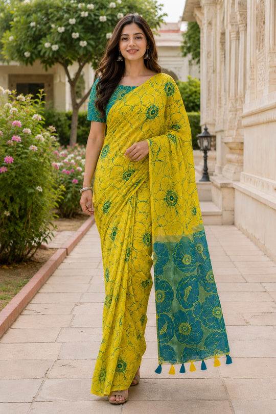 Green Printed Saree With Blouse Piece