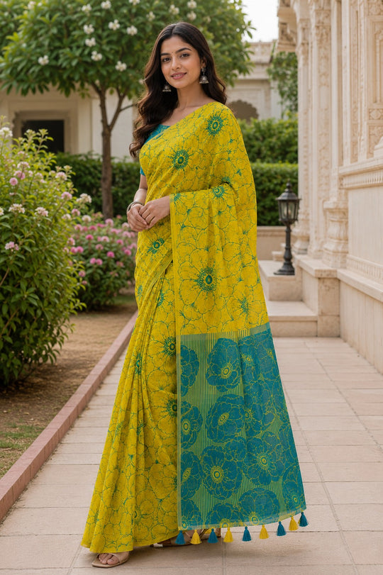 Green Printed Saree With Blouse Piece