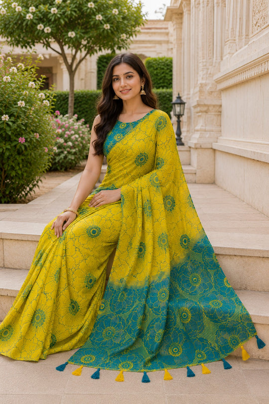 Green Printed Saree With Blouse Piece