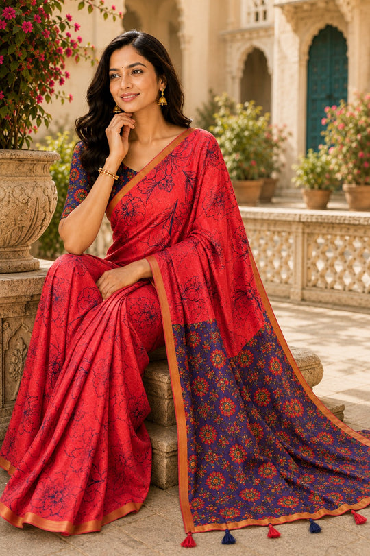 Red Printed Saree With Blouse Piece
