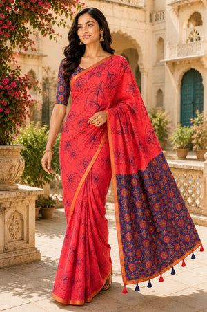 Red Printed Saree With Blouse Piece