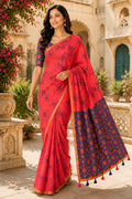 Red Printed Saree With Blouse Piece