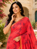 Red Printed Saree With Blouse Piece