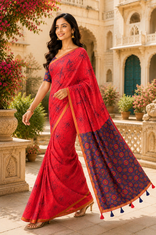 Red Printed Saree With Blouse Piece