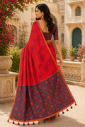 Red Printed Saree With Blouse Piece