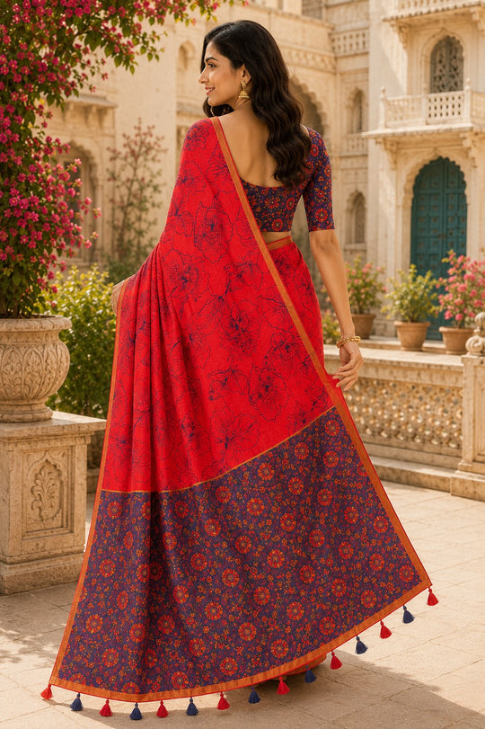 Red Printed Saree With Blouse Piece