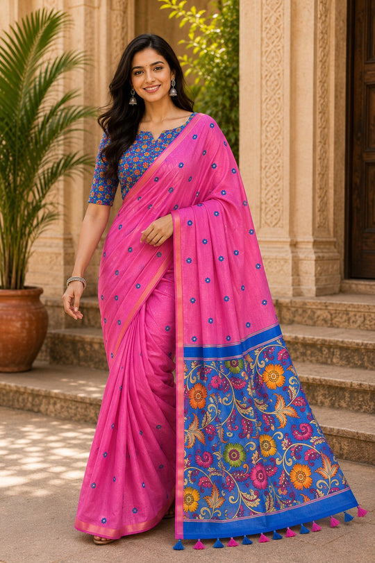 Pink Printed Saree With Blouse Piece
