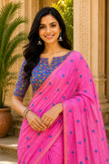 Pink Printed Saree With Blouse Piece