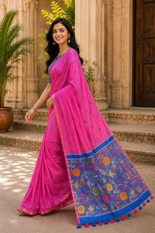 Pink Printed Saree With Blouse Piece