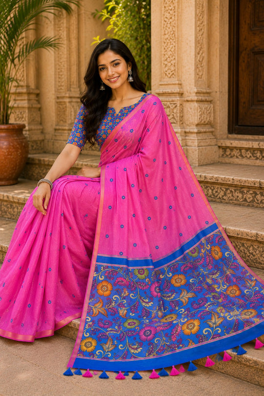 Pink Printed Saree With Blouse Piece