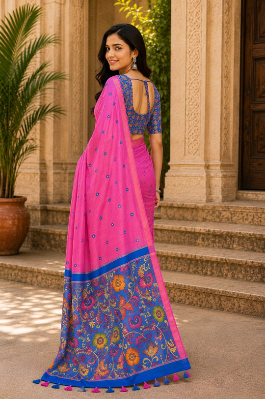 Pink Printed Saree With Blouse Piece