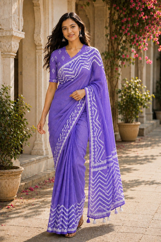 Blue Printed Saree With Blouse Piece