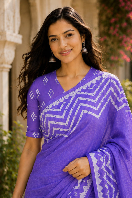 Blue Printed Saree With Blouse Piece