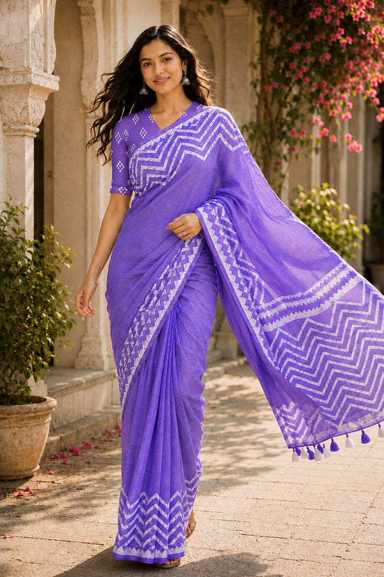Blue Printed Saree With Blouse Piece