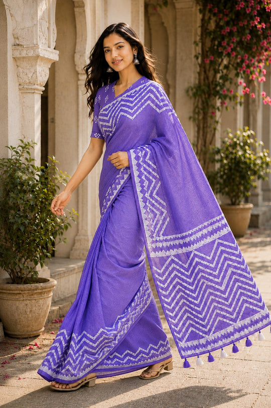 Blue Printed Saree With Blouse Piece