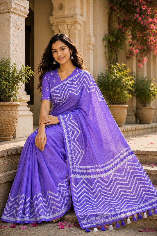 Blue Printed Saree With Blouse Piece