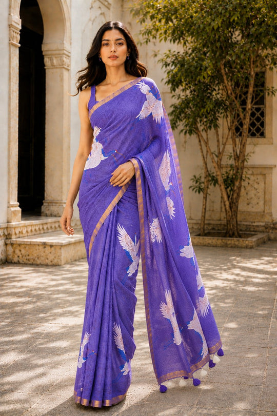 Purple Printed Saree With Blouse Piece