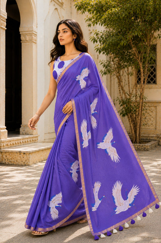 Purple Printed Saree With Blouse Piece
