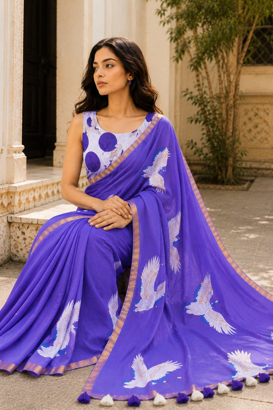 Purple Printed Saree With Blouse Piece