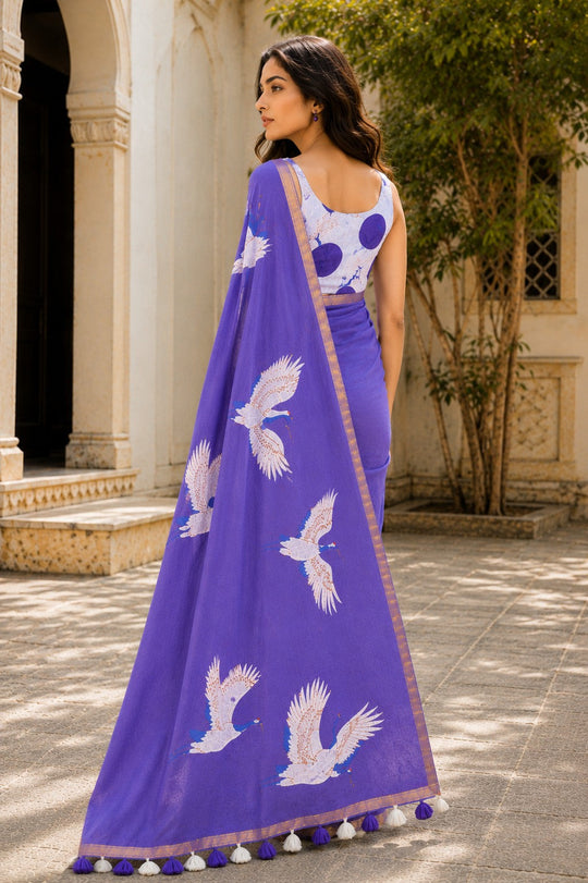 Purple Printed Saree With Blouse Piece
