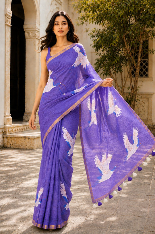 Purple Printed Saree With Blouse Piece