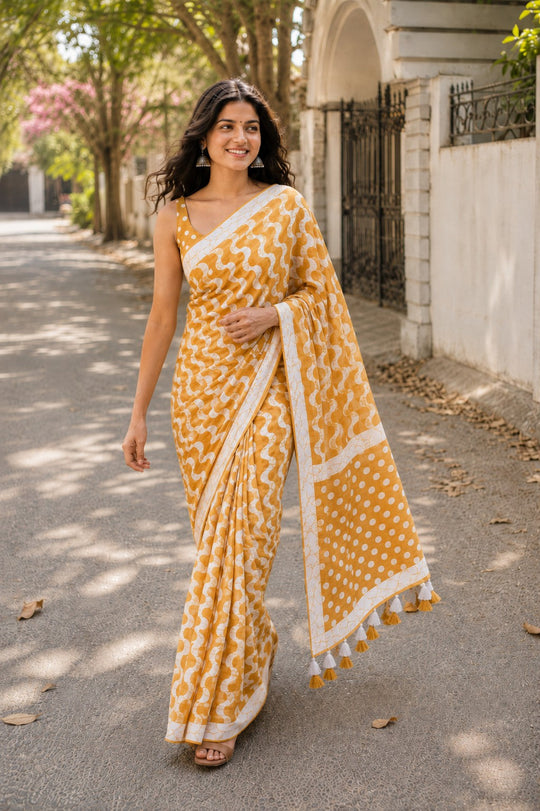 Mustard Printed Saree With Blouse Piece