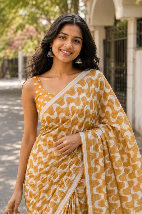 Mustard Printed Saree With Blouse Piece