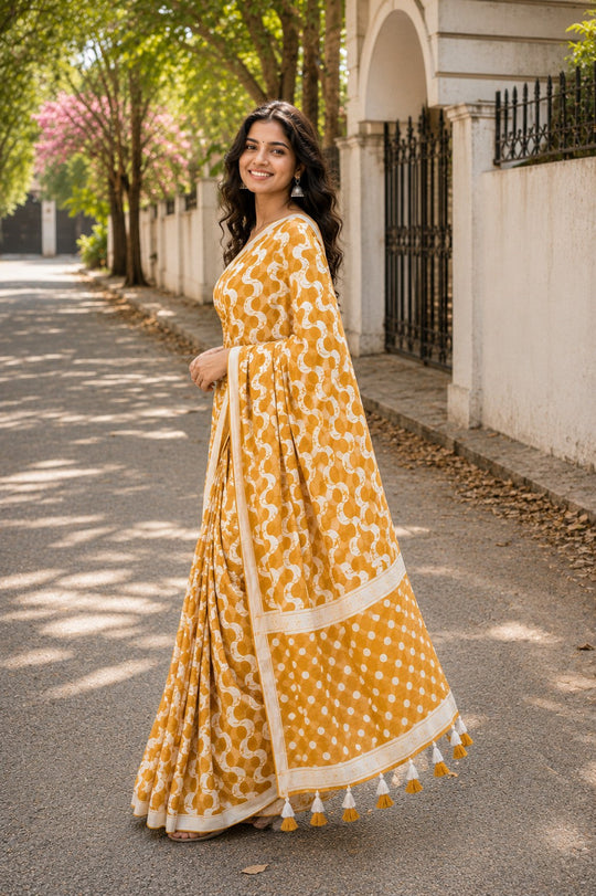 Mustard Printed Saree With Blouse Piece